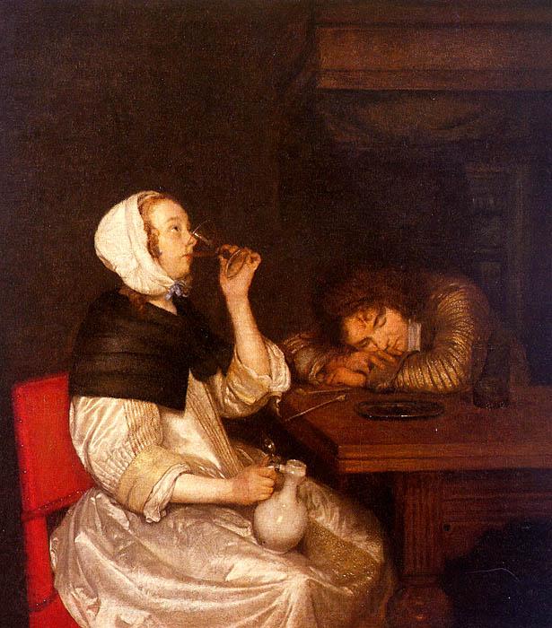 Gerard Ter Borch Woman Drinking with a Sleeping Soldier Spain oil painting art